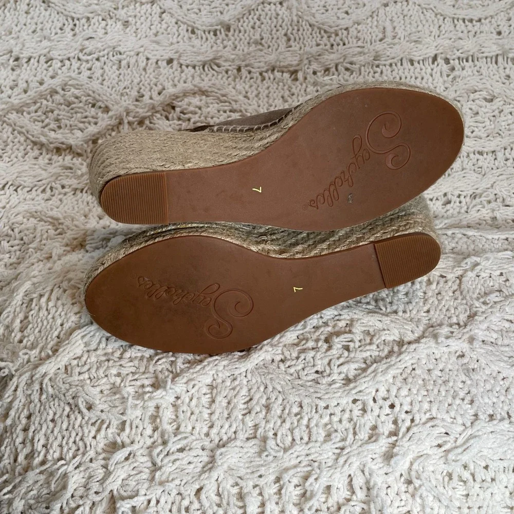 Seychelles Taupe Suede Espadrille Wedge Sandals Peep Toe Slingback Womens Size 7